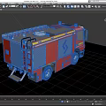 Red Fire Truck Featuring Blue Emergency Lights Yellow Stripes Silver Side Panels and Logo