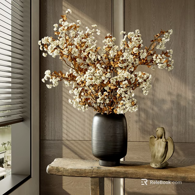 Black Ceramic Vase With White And Brown Floral Branches On Wooden Table By Window Blinds 3d model 