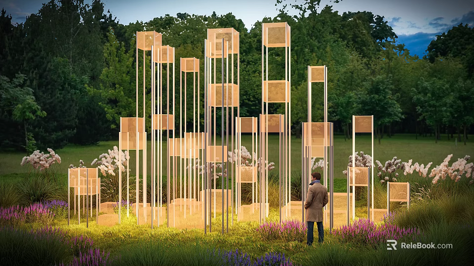 Outdoor Art Installation With Vertical Square Structures Person Grass Purple Flowers Trees Evening Sky 3d model 