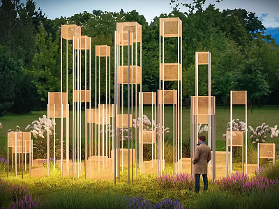 Outdoor Art Installation With Vertical Square Structures Person Grass Purple Flowers Trees Evening Sky 3d model