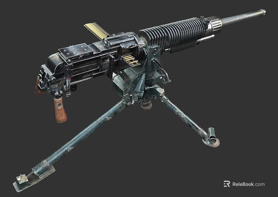 Vintage Heavy Machine Gun With Tripod Mount Cooling Barrel And Ammunition Belt 3d model 