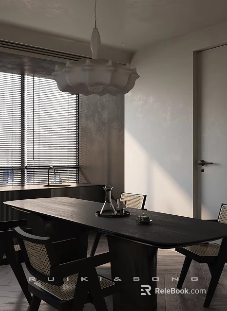 Minimalist Living And Dining Room With Dark Dining Table Rattan Chairs And Soft Natural Daylight 3d model 
