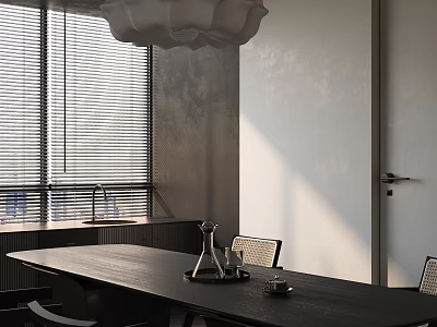 Minimalist Living And Dining Room With Dark Dining Table Rattan Chairs And Soft Natural Daylight 3d model