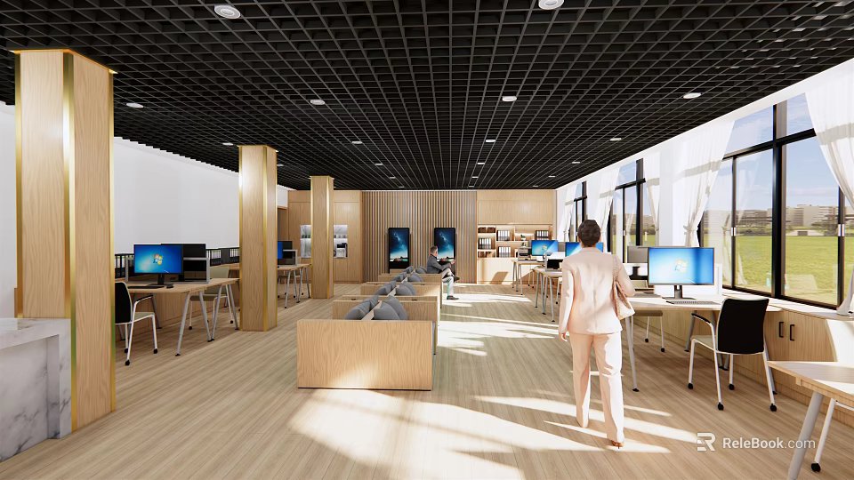 Modern Administrative Service Hall Interior With Computers Desks Chairs And Waiting Area 3d model 