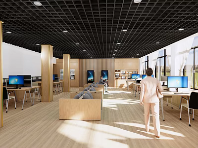 Modern Administrative Service Hall Interior With Computers Desks Chairs And Waiting Area 3d model