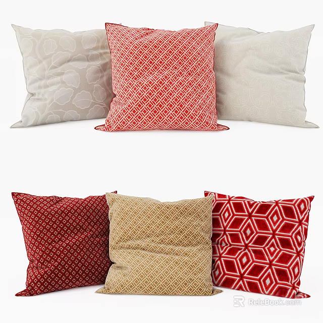 Decorative Pillows In Red Beige Light Gray With Various Geometric And Pattern Designs 3d model