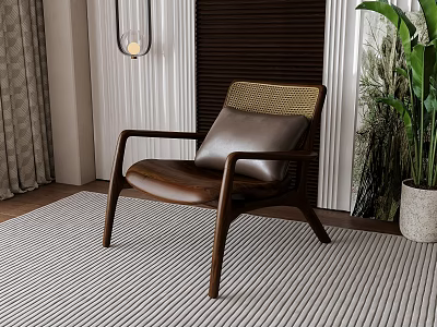 Sleek Accent Chair With Wooden Frame Leather Seat And Woven Backrest On Striped Rug 3d model