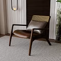 Sleek Accent Chair With Wooden Frame Leather Seat And Woven Backrest On Striped Rug
