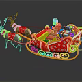 Reindeer Pulling Santa Claus On Red Sleigh With Gold Decorations And Colorful Gifts