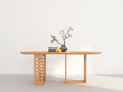 Wooden Oval Dining Table with Hollow Hole Leg Design and Vase Green Plant Books Lemons 3d model