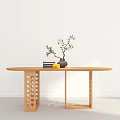 Wooden Oval Dining Table with Hollow Hole Leg Design and Vase Green Plant Books Lemons