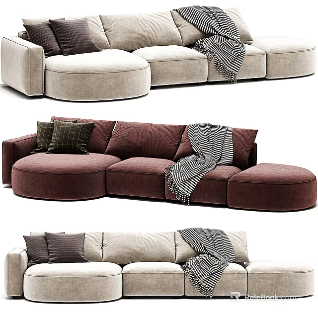 Brown and Beige Modular Sectional Sofa With Round Modules Throw Pillows And Blanket 3d model