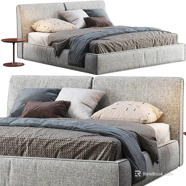 Gray Fabric Double Bed With Soft Pillows And Wooden Nightstand Design 3d model 