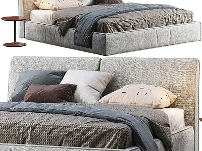 Gray Fabric Double Bed With Soft Pillows And Wooden Nightstand Design 3d model