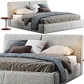 Gray Fabric Double Bed With Soft Pillows And Wooden Nightstand Design