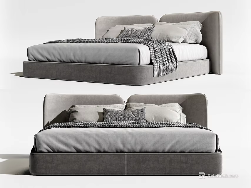 Modern Upholstered Double Bed With Gray Headboard Soft Bedding Pillows And Blanket 3d model