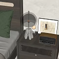 Dark Wooden Nightstand With Transparent Globe Lamp Astronaut Figurine Vintage Radio And Geometric Art Print