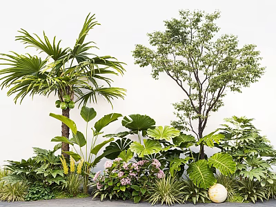 Tropical and Temperate Garden Plants With Green Foliage And Pink Blooms In Lush Setting 3d model