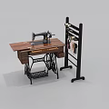 Industrial Sewing Machine Placed on Wooden Worktable With Black Fabric Hanging Rack and Classic Design