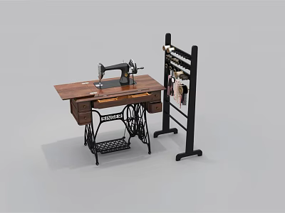 Industrial Sewing Machine Placed on Wooden Worktable With Black Fabric Hanging Rack and Classic Design 3d model