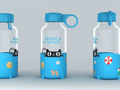 Transparent Water Bottles With Blue Lids Bases And Cute Cartoon Patterns For Daily Use 3d model