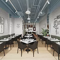 Modern Restaurant Interior With White Brick Walls Black Tables Pendant Lights And Green Plants