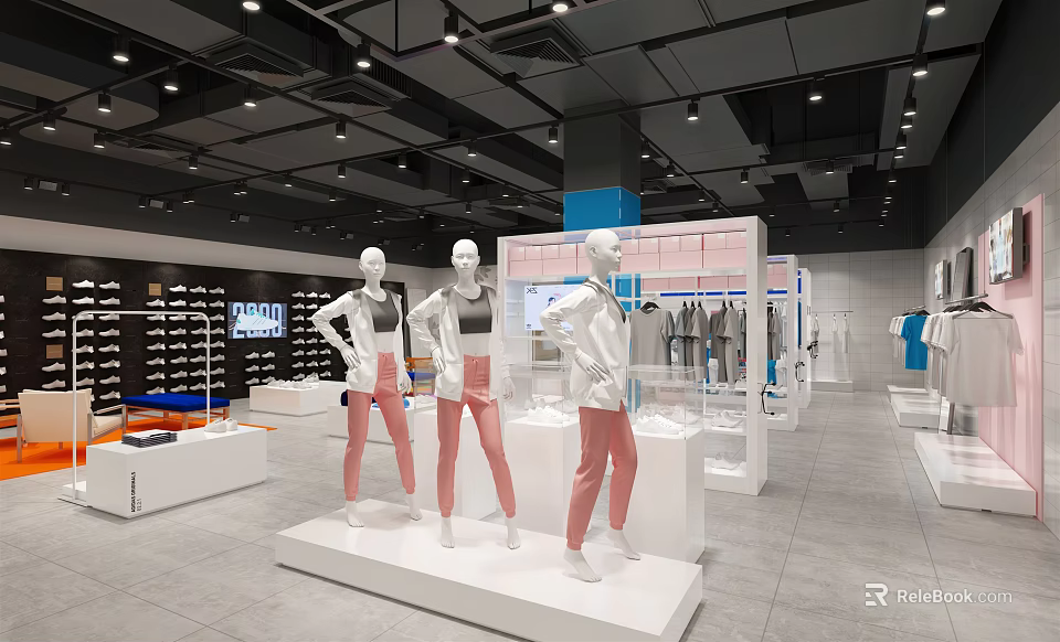 Modern Clothing Store Displaying Three Mannequins in Pink Pants on White Platforms with Hanging Clothes 3d model