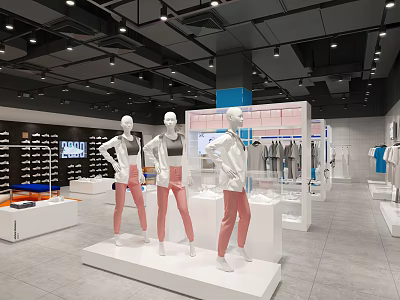 Modern Clothing Store Displaying Three Mannequins in Pink Pants on White Platforms with Hanging Clothes 3d model