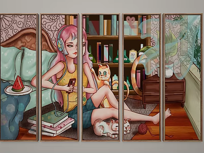 Pink Haired Girl With Headphones And Phone In Indoor Figure Painting With Cat And Bookshelf 3d model