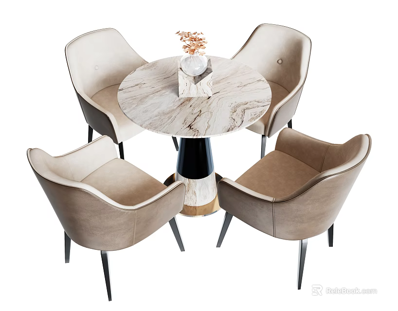 Elegant Round Marble Tabletop Dining Set With Beige Leather Chairs And Black Base 3d model