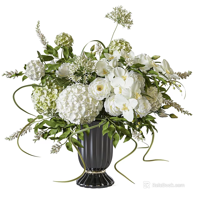 Decorative Vase With White Flowers Green Leaves And Curly Vines For Home Decor 3d model 