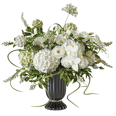 Decorative Vase With White Flowers Green Leaves And Curly Vines For Home Decor 3d model