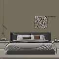 Double Bed with Dark Headboard White Bedding Nightstands and Abstract Wall Art