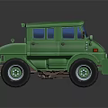 Green Toy Off Road Vehicle with Large Wheels Blue Windows Stripes and Vintage Model Design