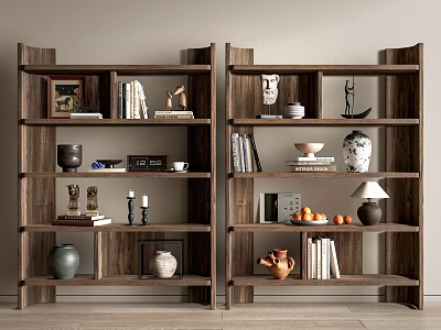 Wooden Multi layer Shelving Units Displaying Books Decorative Vases Sculptures And Lamp 3d model