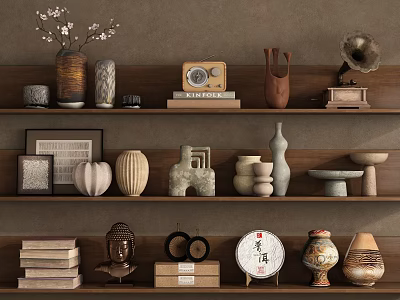 Decorative Ornament Combination with Vases Radio Gramophone Sculptures Books and Frames on Wooden Shelves 3d model
