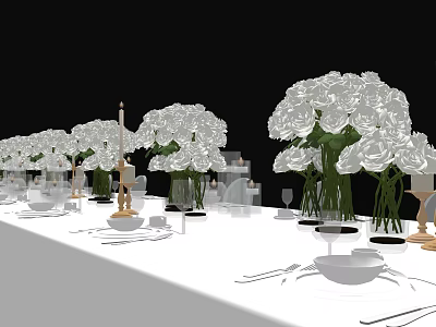 Elegant Formal Dining Table Set with White Flower Bouquets Tableware Wine Glasses and Candle Holders 3d model