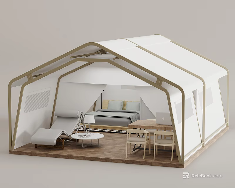 Modern White Tent Interior With Wooden Floor Bed Table And Lounge Chair 3d model 