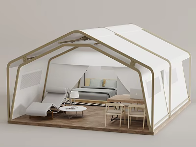 Modern White Tent Interior With Wooden Floor Bed Table And Lounge Chair 3d model