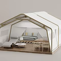 Modern White Tent Interior With Wooden Floor Bed Table And Lounge Chair