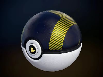 Stylish Poké Ball With Dark Blue Body Yellow Stripes White Base And Gold Emblem 3d model