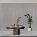 Natural Tree Stump Coffee Table With Fruit Plate Vase And Green Plant