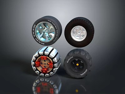 Various Car Tires With Different Alloy Rims And Tread Patterns 3d model