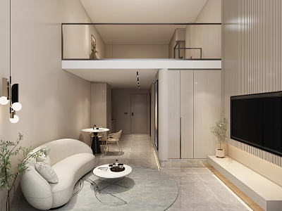 Modern Loft Apartment Living Room With Curved Sofa Coffee Table TV Wall And Plants 3d model
