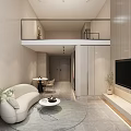 Modern Loft Apartment Living Room With Curved Sofa Coffee Table TV Wall And Plants