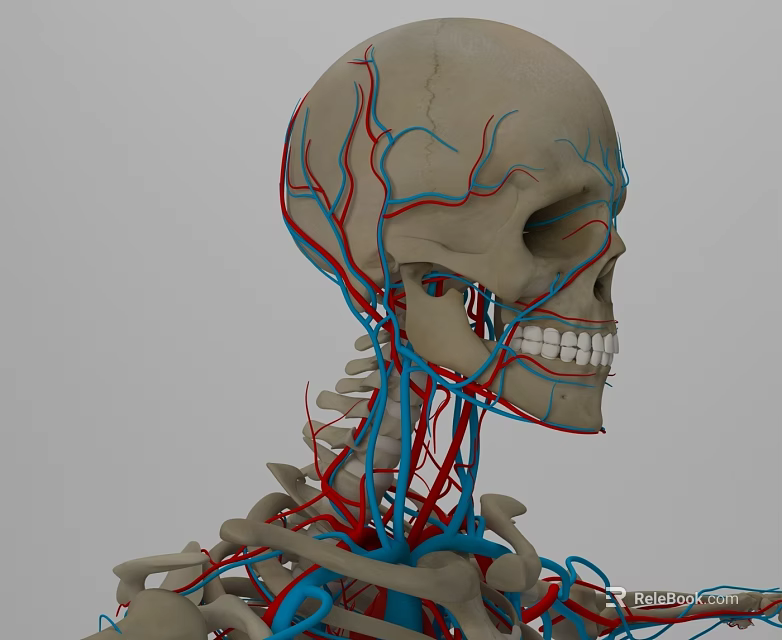 Detailed Anatomical Human Skull with Red and Blue Blood Vessels Structure 3d model 
