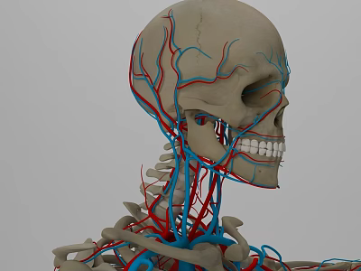 Detailed Anatomical Human Skull with Red and Blue Blood Vessels Structure 3d model