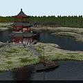 Scenic Water Landscape With Red Multi Layered Pagoda Reed Clusters And Small Boat
