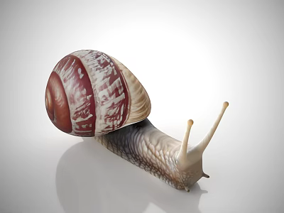Detailed View of Snail with Red Brown Striped Shell and Antennae on Smooth White Surface 3d model