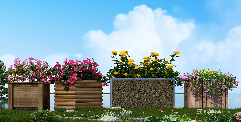 Colorful Outdoor Garden Planters With Pink Yellow Flowers And Wooden Textured Designs On Lawn 3d model 